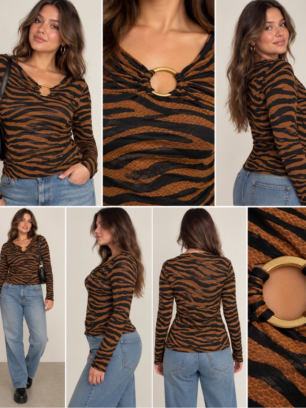 Michael Kors Y2K Tiger Zebra Print Gold Ring Long Sleeve Top